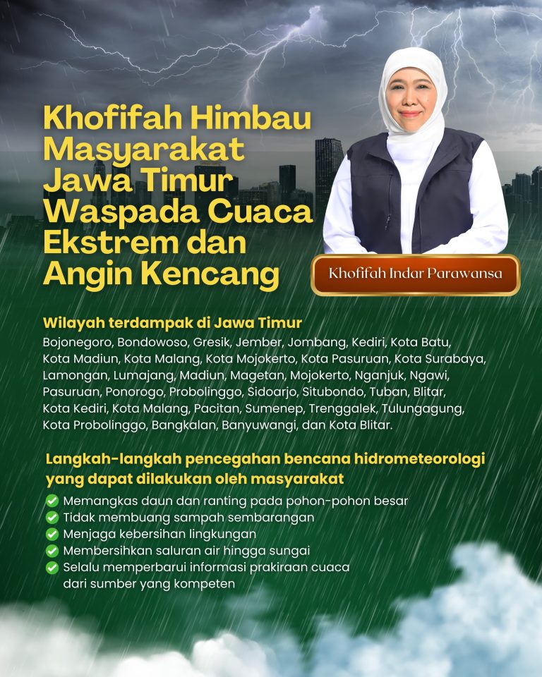 Khofifah Himbau Masyarakat Jawa Timur Waspada Cuaca Ekstrem dan Angin Kencang