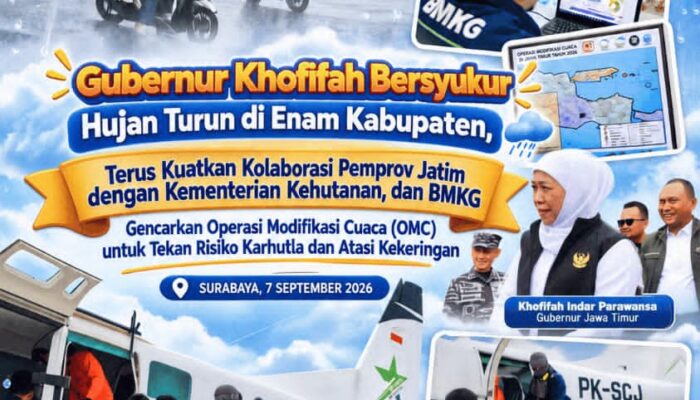 Gubernur Khofifah: Alhamdulillah Hujan Mulai Turun di Enam Kabupaten, OMC Jatim Tekan Risiko Karhutla dan Kekeringan