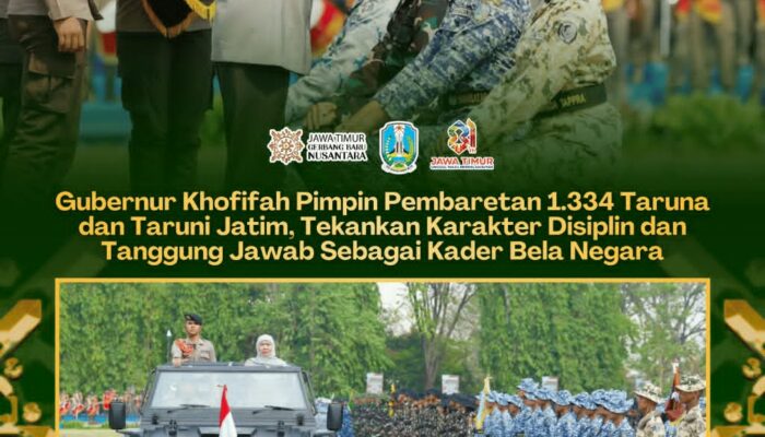 Gubernur Khofifah Pimpin Pembaretan 1.334 Taruna-Taruni Jatim, Tekankan Disiplin dan Tanggung Jawab sebagai Kader Bela Negara