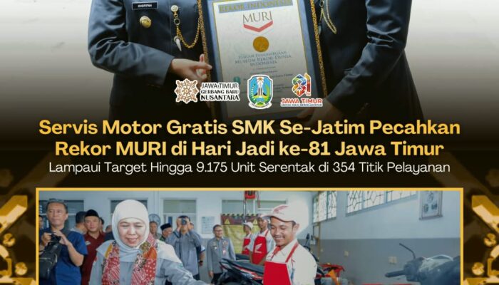 Gubernur Khofifah Terima Piagam Rekor MURI Servis Motor Serentak 354 SMK di Hari Jadi ke-81 Jatim